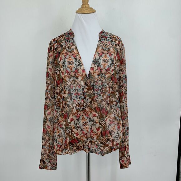 BCBGeneration Blouse Womens S Small Coffebean Multi Split Neck Faux Wrap Top - Picture 2 of 13